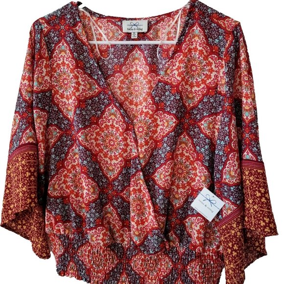 Twine & String Tops - NEW Twine & String XL Orange Floral Cropped Boho Blouse Shirred Waist Kimono
